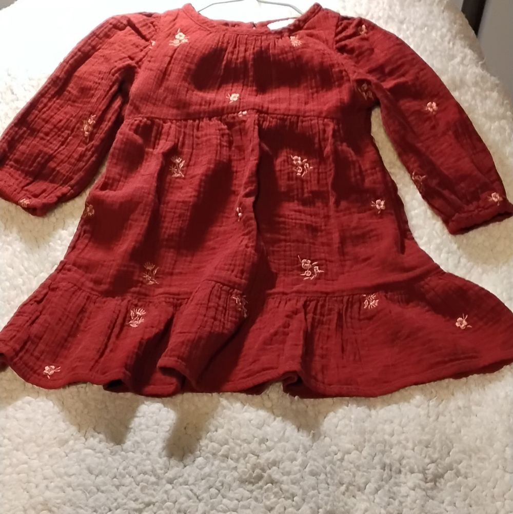 Cat & Jack-Burnt Red Long-Sleeve‎ Tiered Dress with Floral Embroidery SIZE 2T